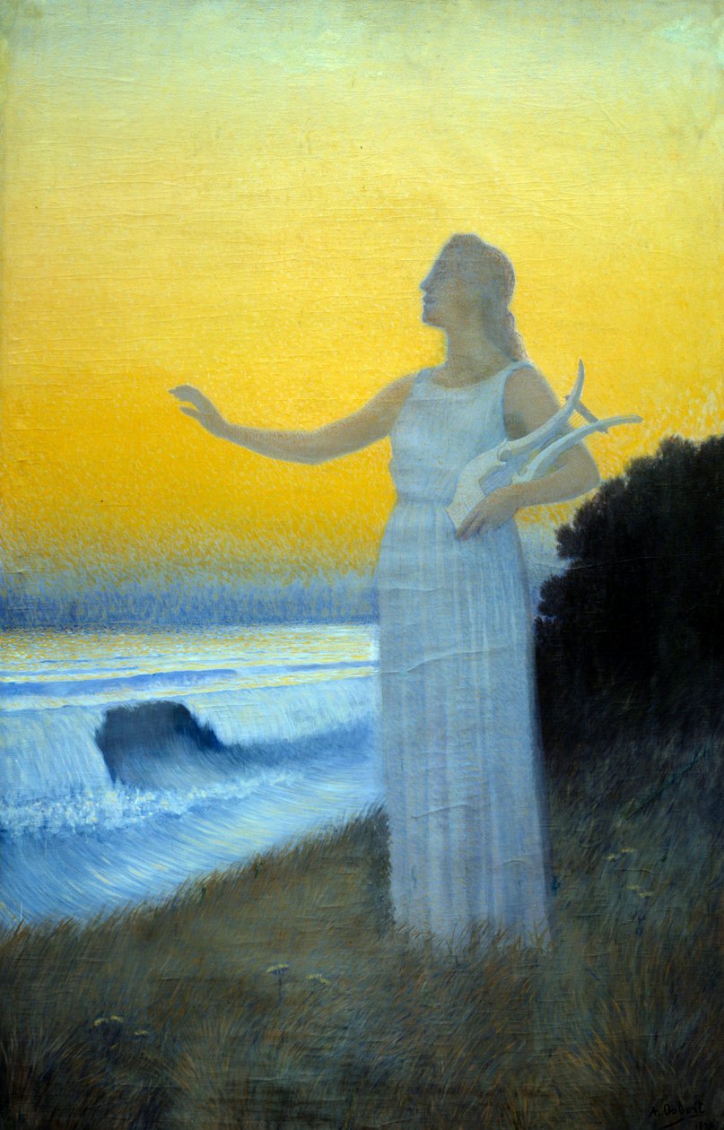 Hymn morza Młoda kobieta trzyma lirę z widokiem na morze. Postać przywołująca na myśl grecką poetkę antycznej Safony. Obraz Alphonse Osbert (1857-1939) 1900 Kolekcja prywatna autorstwa Alphonse Osbert