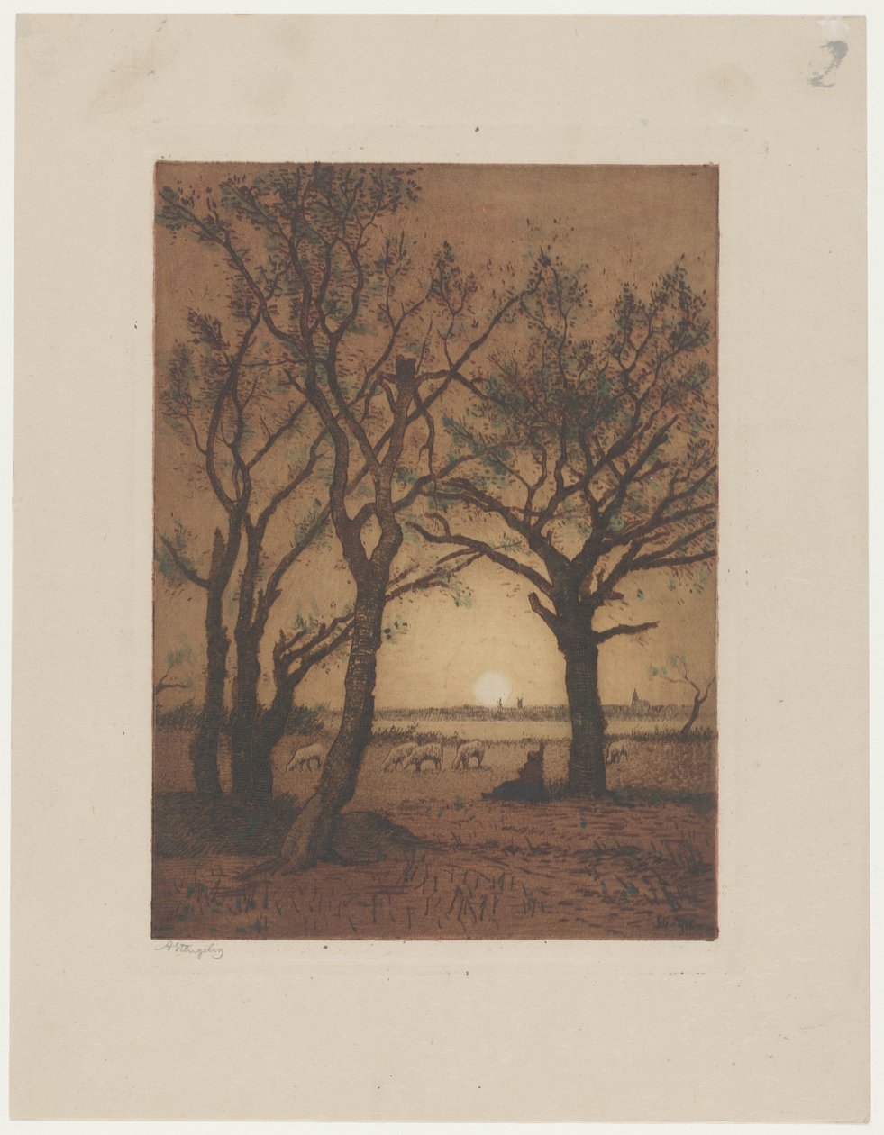 Krajobraz z owcami o zachodzie słońca Wieczorny krajobraz z owcami w Drenthe autorstwa Alphonse Stengelin (signed by artist)