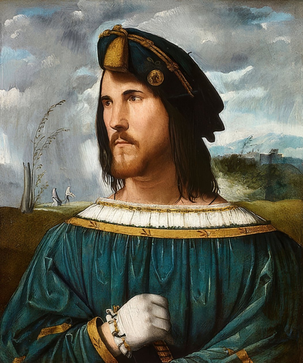 Portret dżentelmena (znanego jako Cesare Borgia). Zaraz wracam. 1500 i 1524 autorstwa Altobello Melone