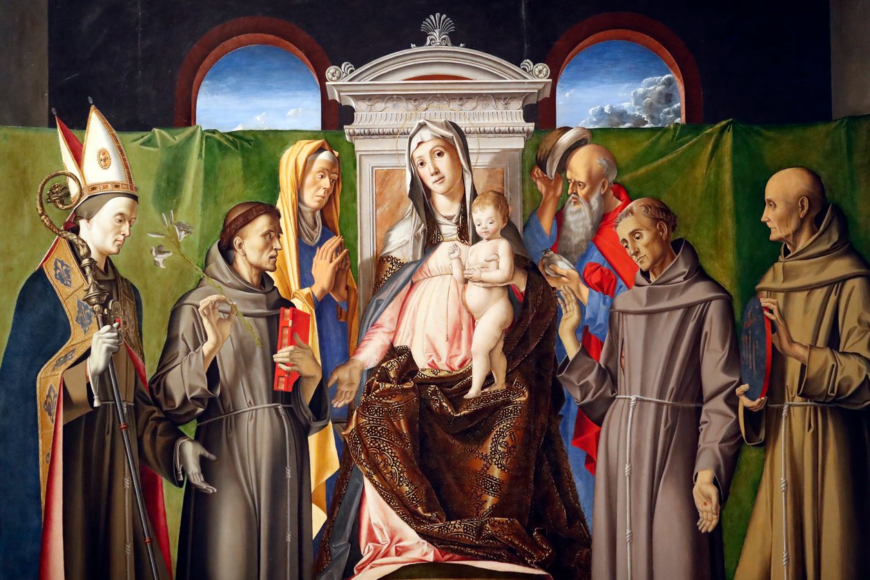 Madonna z Dzieciątkiem na tronie ze świętymi Ludwikiem z Tuluzy, Antonim z Padwy, Anną, Joachimem, Franciszkiem i Bernardynem ze Sieny autorstwa Alvise Vivarini