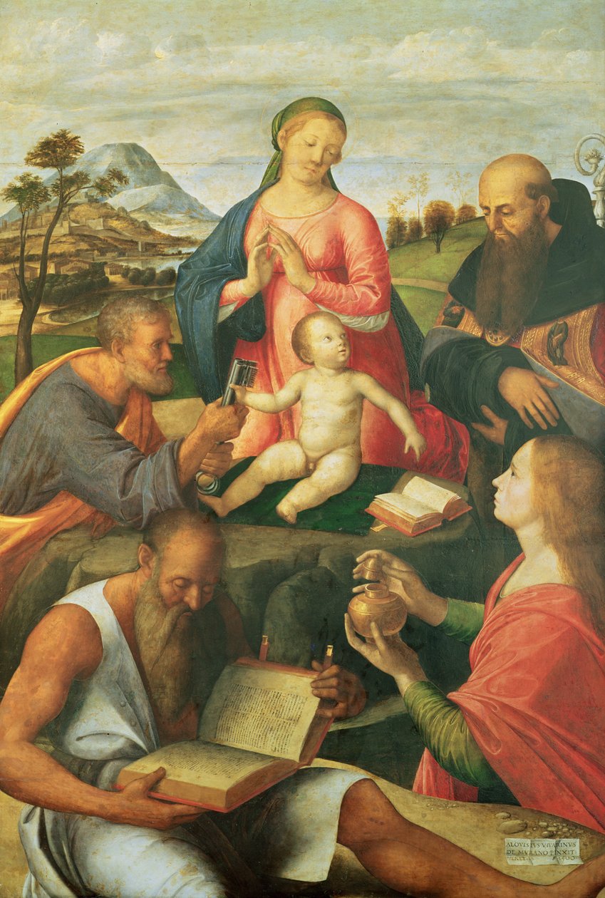 Madonna z Dzieciątkiem z Św. Piotr, Hieronim i Maria Magdalena z biskupem, 1500 autorstwa Alvise Vivarini