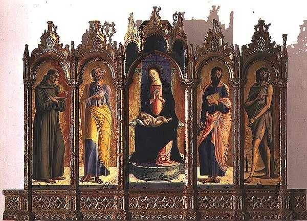 Poliptyk przedstawiający (panel centralny) Madonnę z Dzieciątkiem na tronie; św. Dominik i św. Piotr (lewe panele); Św. Paweł i Św. Jan Chrzciciel (panele po prawej stronie) autorstwa Alvise Vivarini