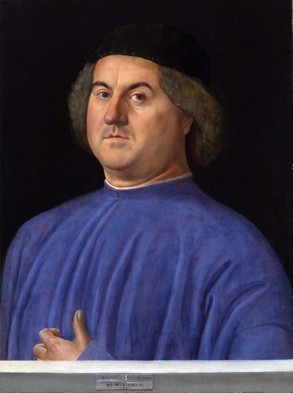 „Portret mężczyzny”” Burżuazję ubraną w niebieską tunikę – Obraz Alvise Vivarini (ok. 1446–ok. 1505) 1497 Londyn Galeria Narodowa autorstwa Alvise Vivarini