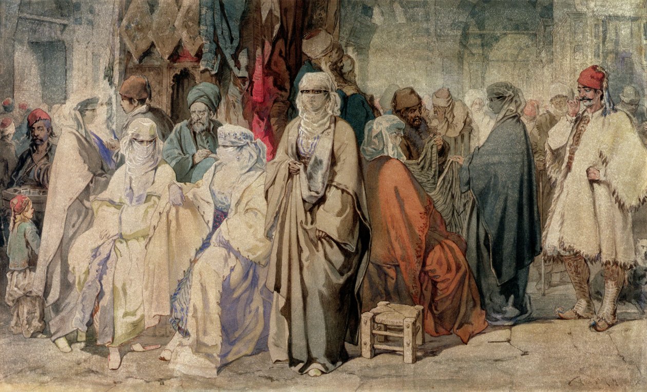 Figurki na bazarze w Konstantynopolu (atrament i toaleta na papierze) autorstwa Amadeo Preziosi
