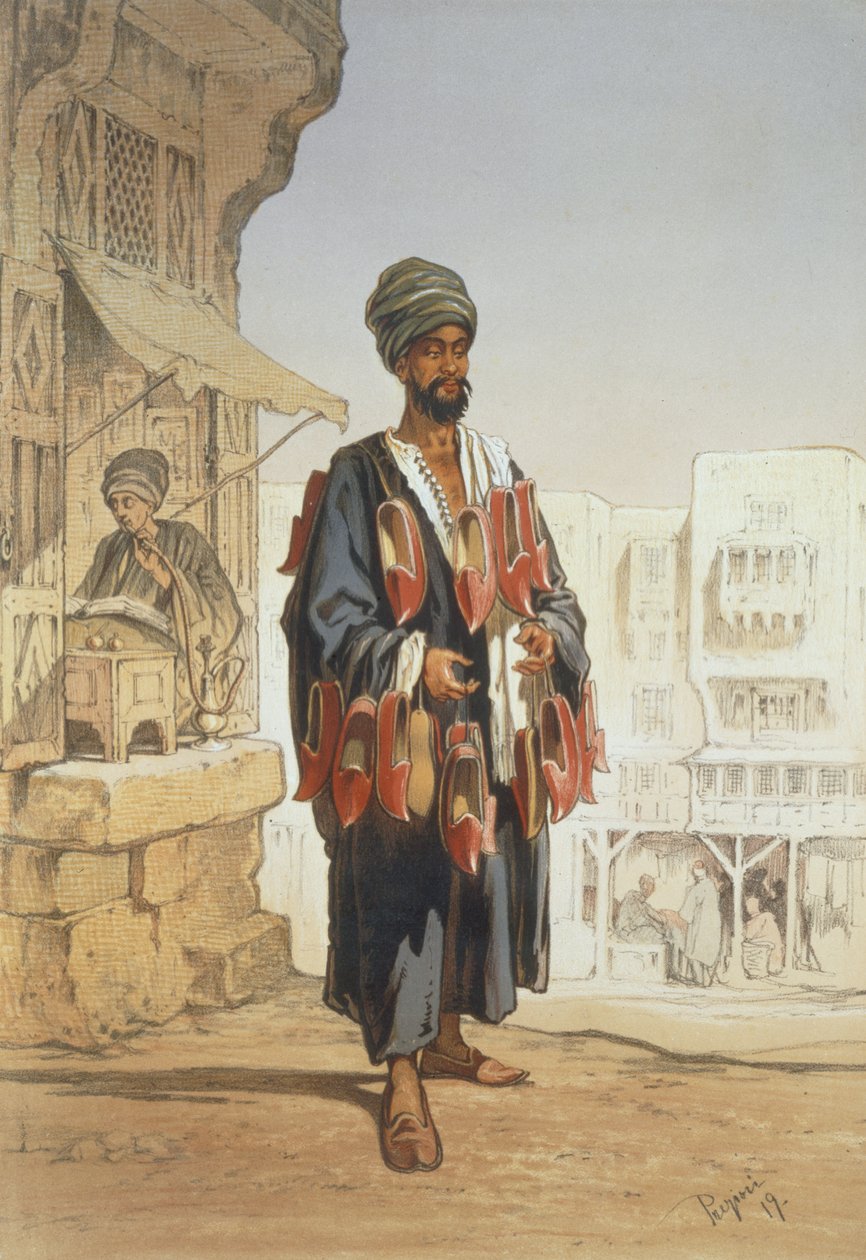 Sprzedawca pantofli, z „Pamiątki z Kairu”, 1862 autorstwa Amadeo Preziosi