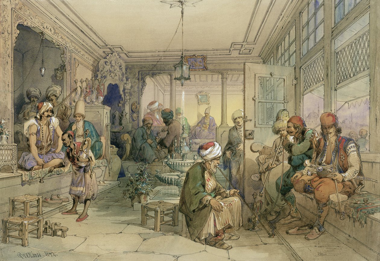 Kawiarnia, Konstantynopol, 1854 (pióro, tusz i wc na papierze) autorstwa Amadeo Preziosi
