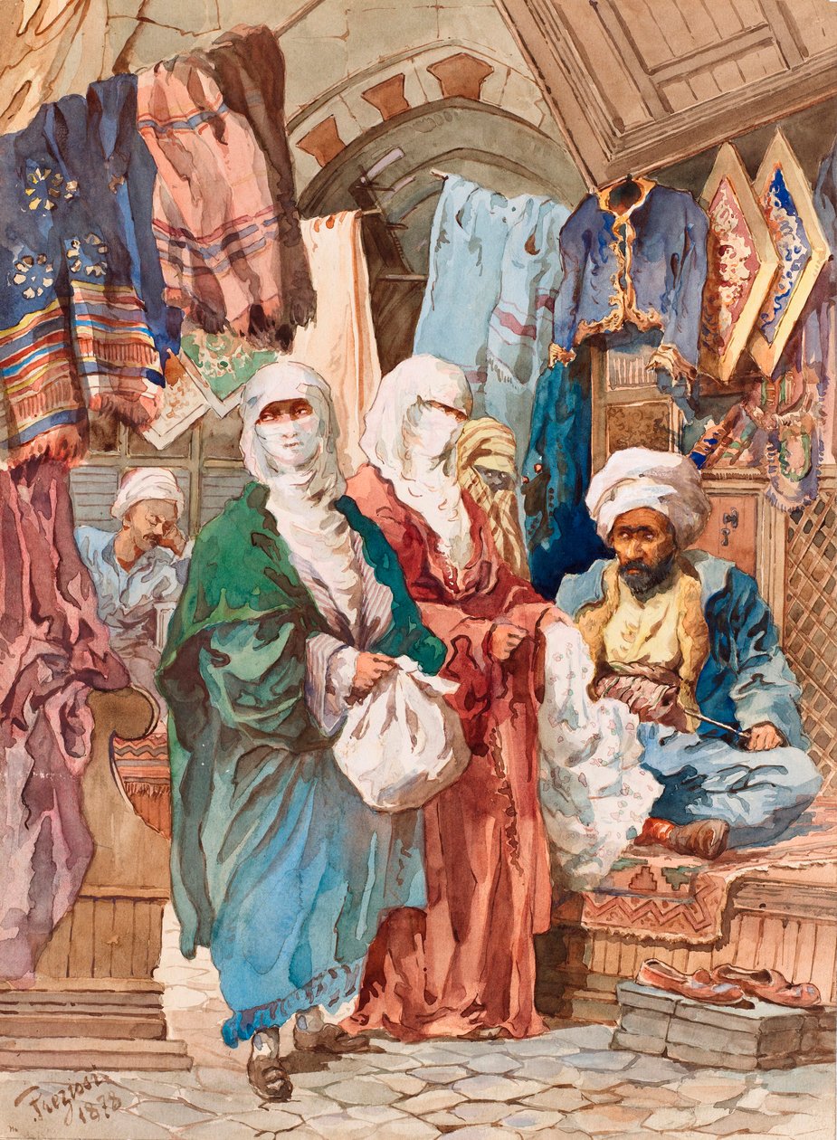 Jedwabny Bazar (targ orientalny, suk, wyroby jedwabne) - Jedwabny Bazar - Amedeo Preziosi (1816-1882), Akwarela na papierze (41x30 cm) - Pera Museum, Stambuł autorstwa Amadeo Preziosi