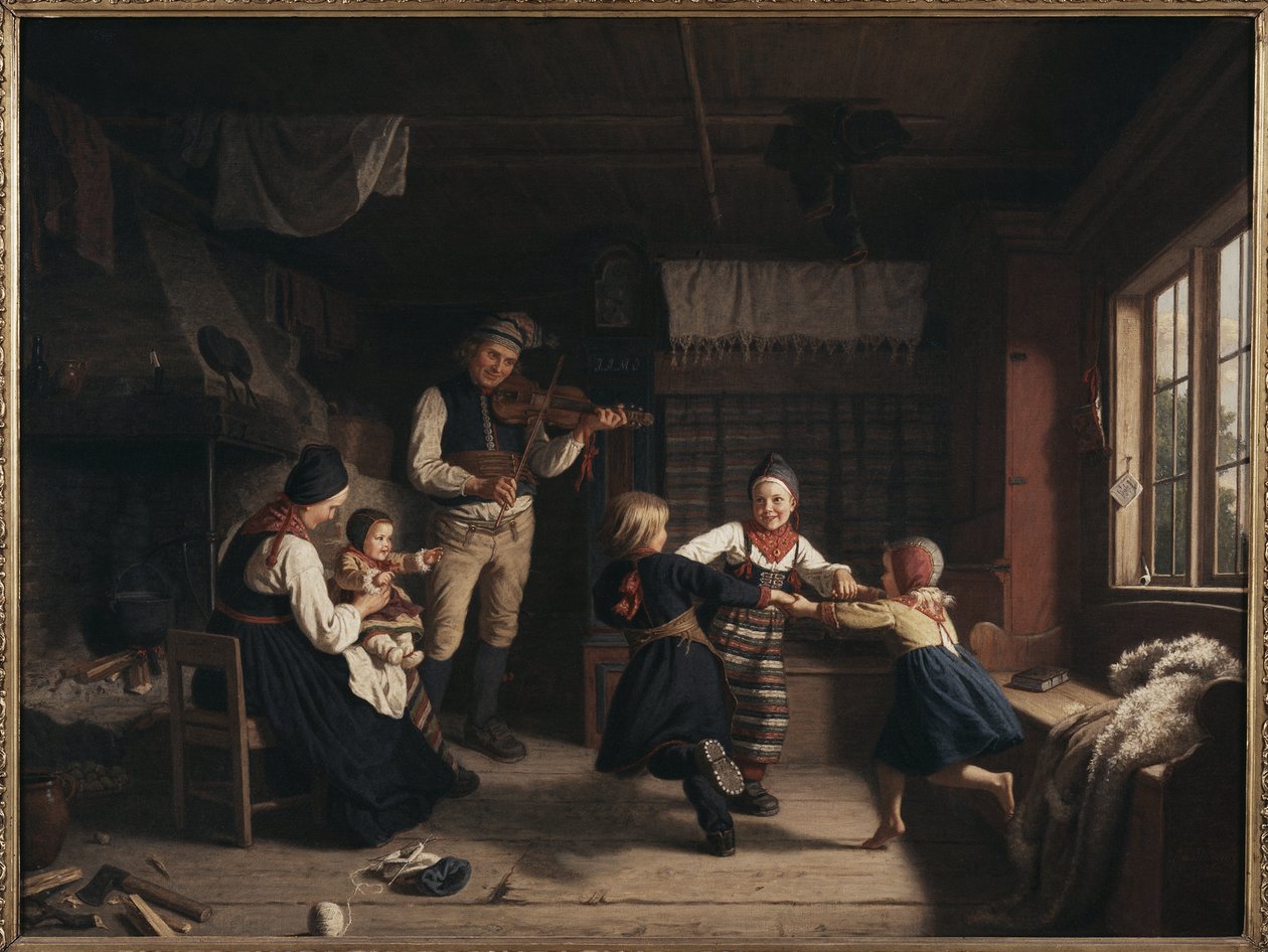 Niedzielny wieczór na farmie w Dalecarlia - Niedzielny wieczór na farmie w Dalarna, koło Lindegren, Amalia (1814-1891). olej na płótnie autorstwa Amalia Lindegren