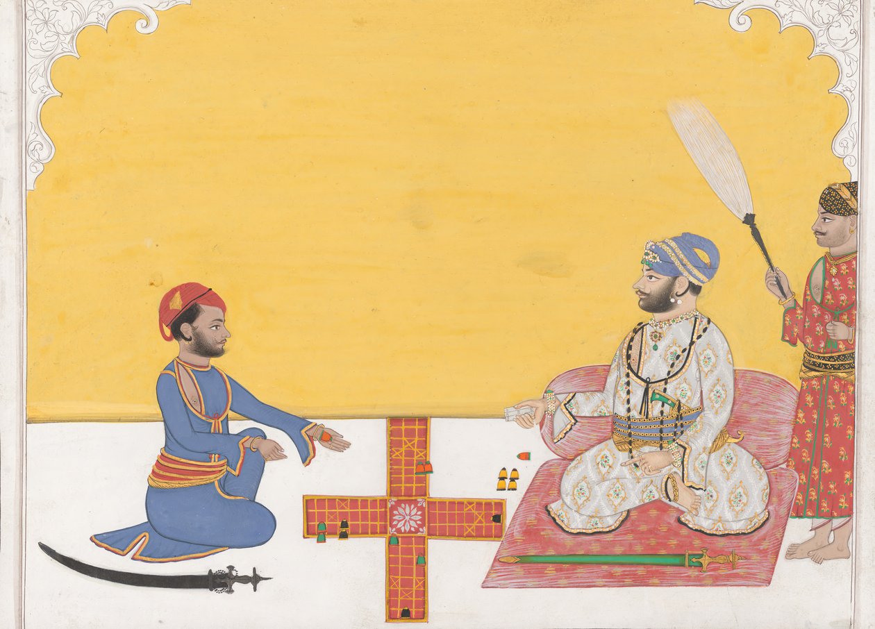Maharaja Sovan Singh grający w Pachisi, K. 1868. autorstwa Ambav