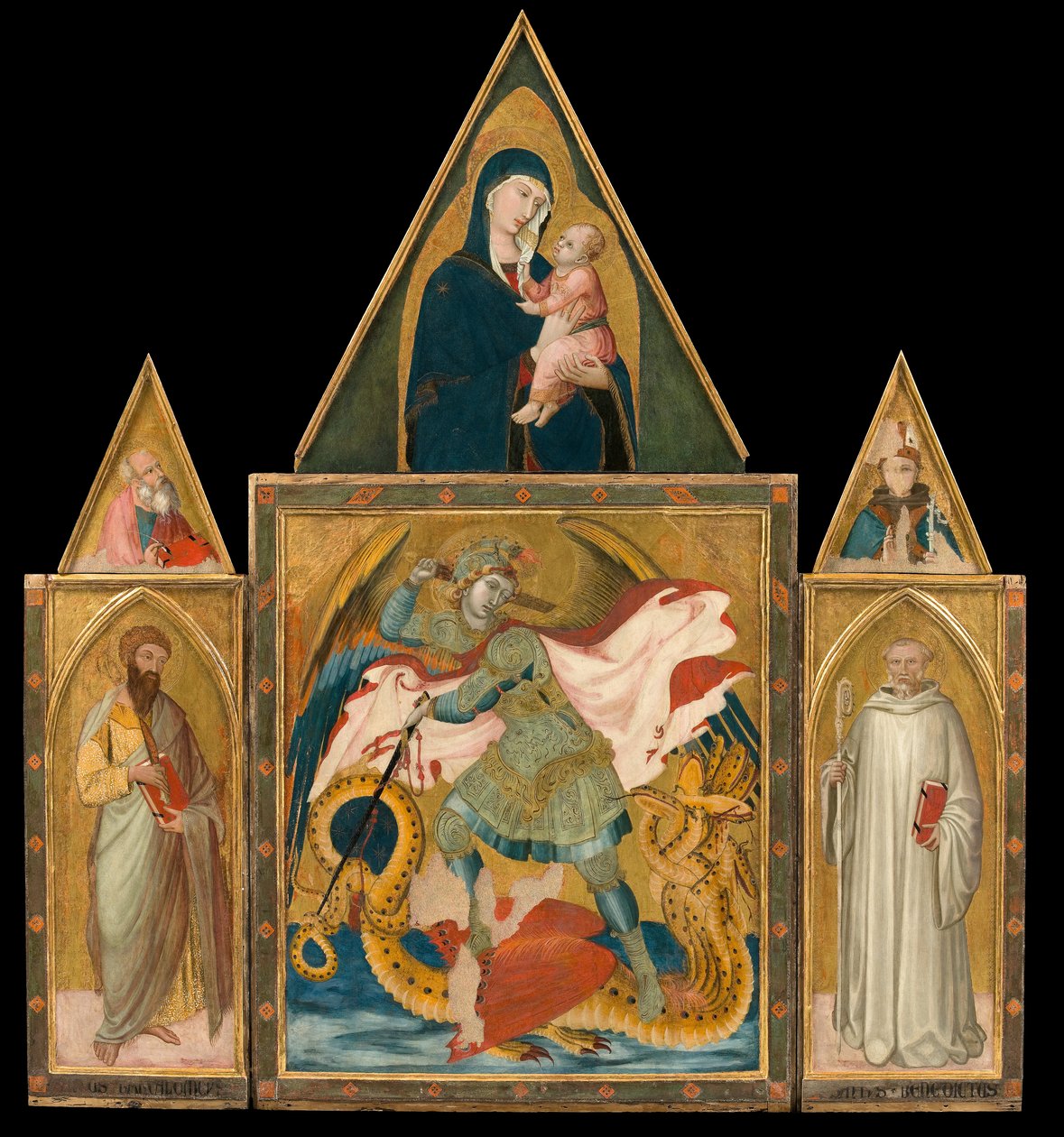 Ambrogio Lorenzetti - Poliptyk opactwa Rofeno. Święty Michał Archanioł zabijający Smoka między świętymi Bartłomiejem autorstwa Ambrogio Lorenzetti
