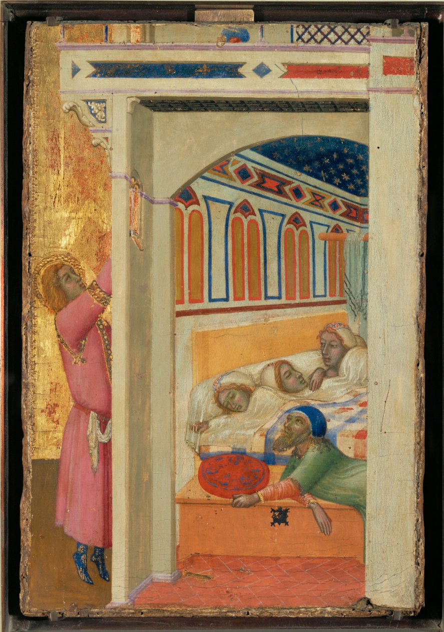 Mikołaj z Bari oferujący posag ubogim dziewczętom Święty Mikołaj z Bari ... autorstwa Ambrogio (circle of) Lorenzetti