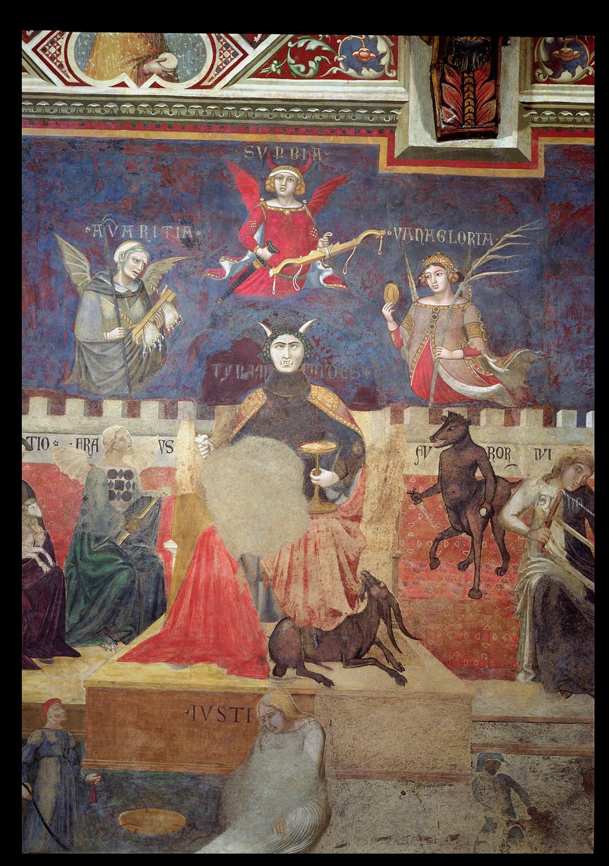 Alegoria złego rządu, szczegóły dotyczące chciwości, pychy, próżności, tyranii, oszustwa i gniewu, 1338-40 autorstwa Ambrogio Lorenzetti