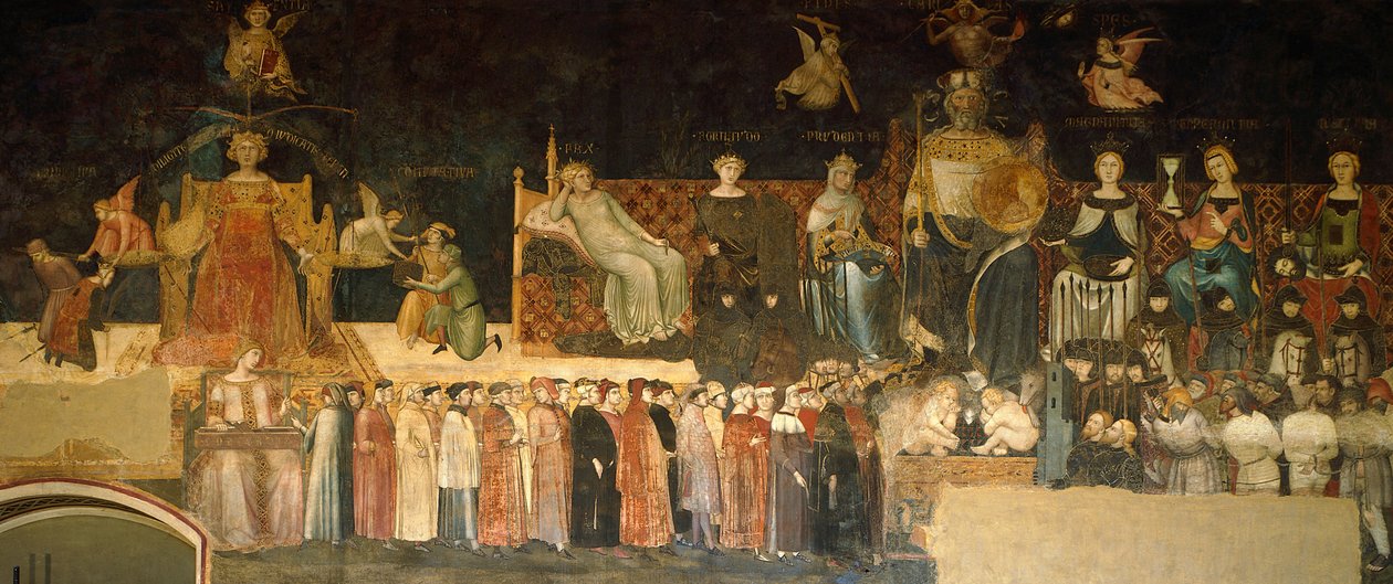 Alegoria dobrego rządu, fragment z Alegoria i skutki dobrego i złego rządu w mieście i na wsi Ambrogio Lorenzetti (czynny 1285-1348), fresk, Sala Pokoju, Palazzo Publico, Siena autorstwa Ambrogio Lorenzetti