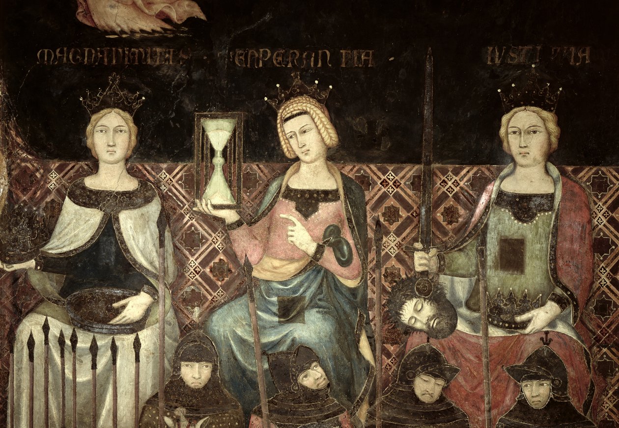 Alegoria dobrego rządu, szczegół sprawiedliwości, nadziei i wielkości, 1338-40 autorstwa Ambrogio Lorenzetti