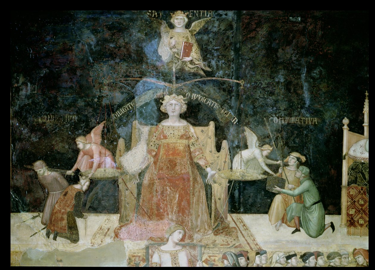 Alegoria dobrego rządu, szczegół sprawiedliwości inspirowanej przez mądrość, 1338-40 autorstwa Ambrogio Lorenzetti