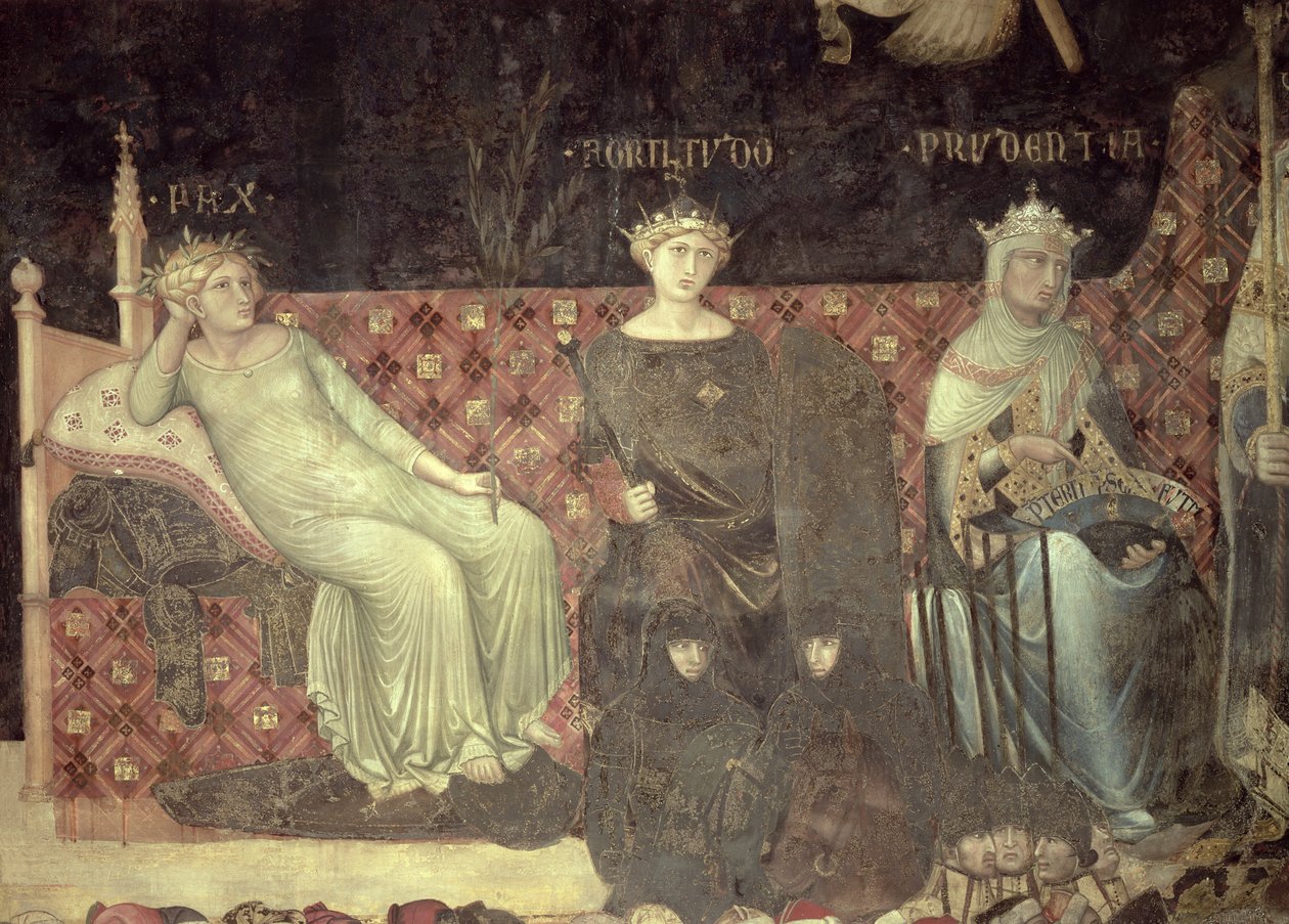 Alegoria dobrego rządu, szczegół pokoju, męstwa i roztropności, 1338-40 autorstwa Ambrogio Lorenzetti