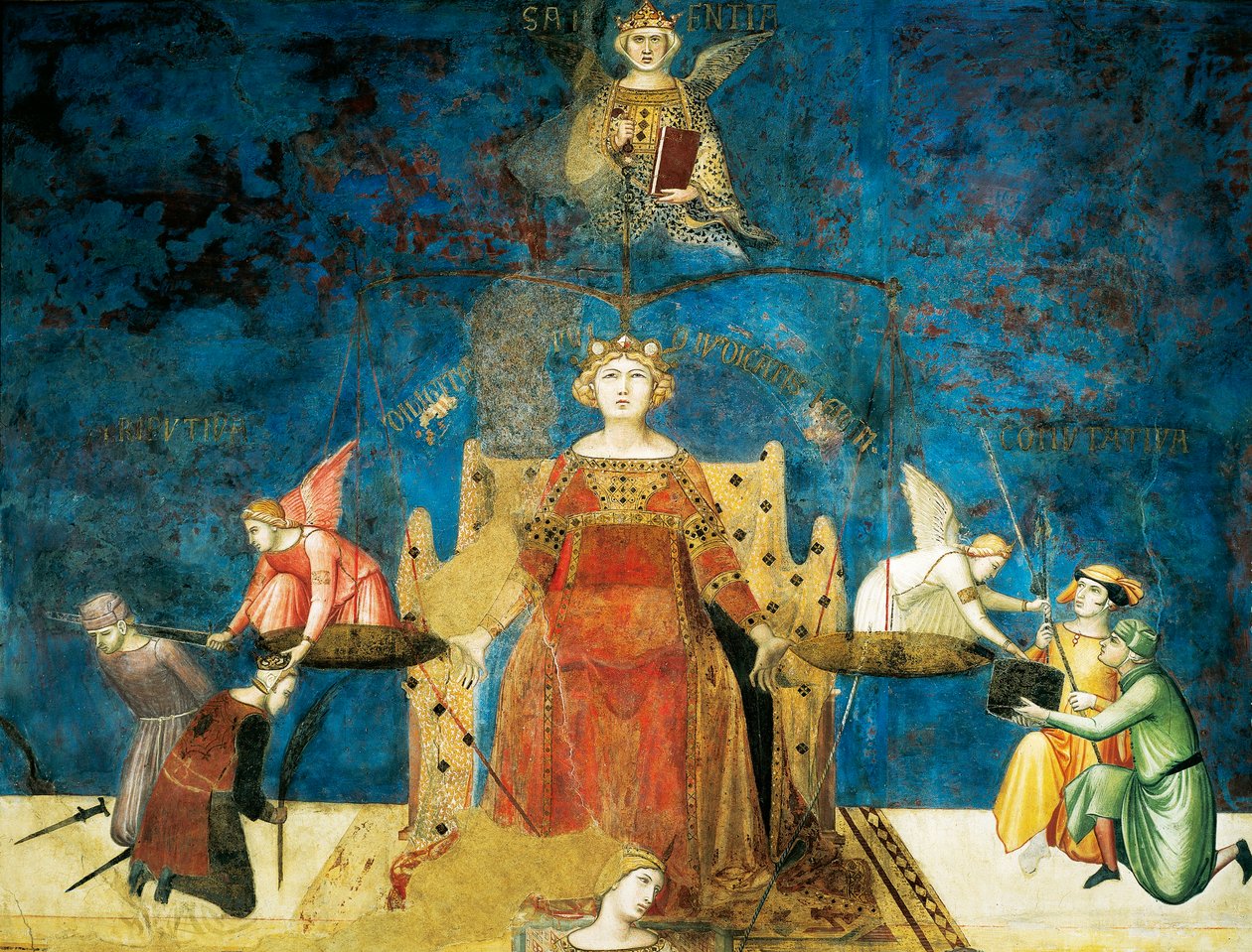 Alegoria Dobrego Rządu, mądrość i sprawiedliwość, szczegół z Alegorii i skutki dobrego i złego rządu w mieście i na wsi autorstwa Ambrogio Lorenzetti