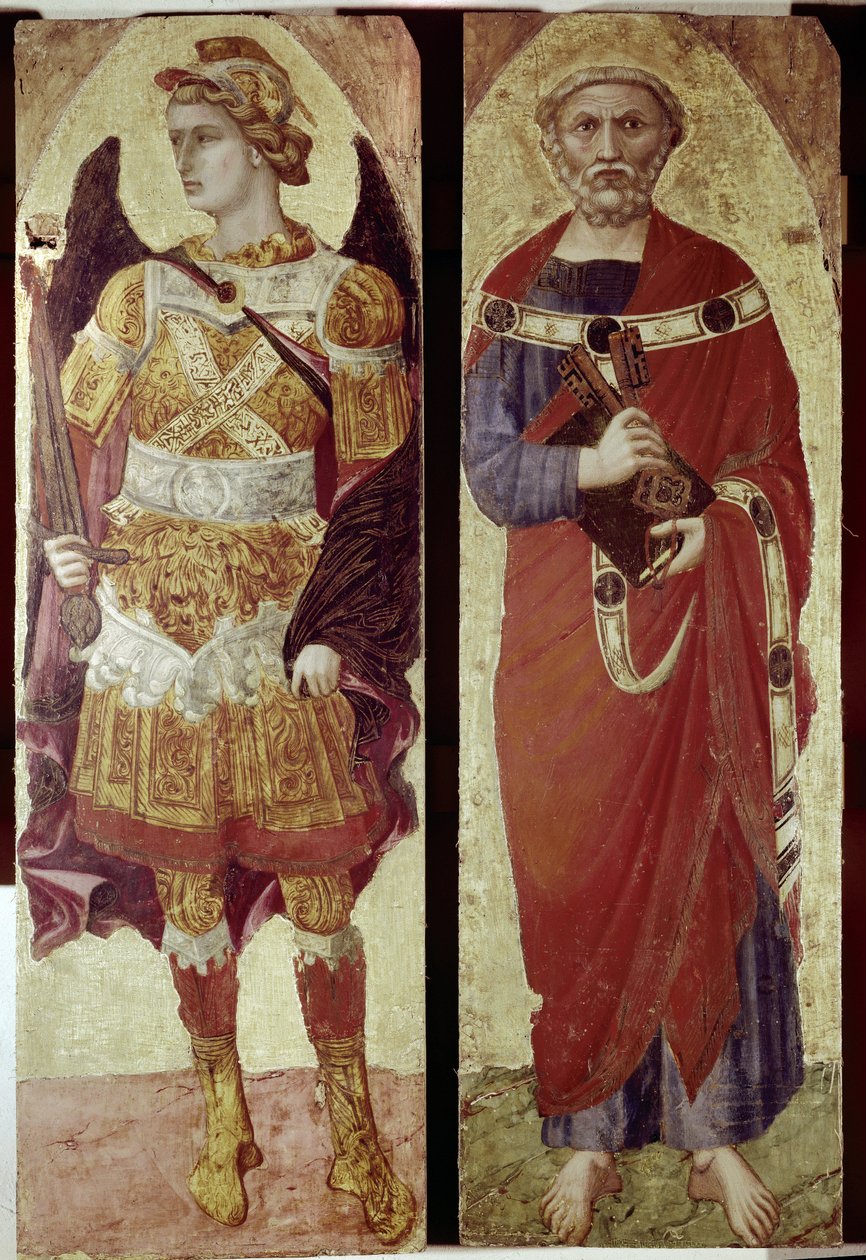 Archanioł Michał i św. Piotr, fragment poliptyka (tempera na drewnie) autorstwa Ambrogio Lorenzetti