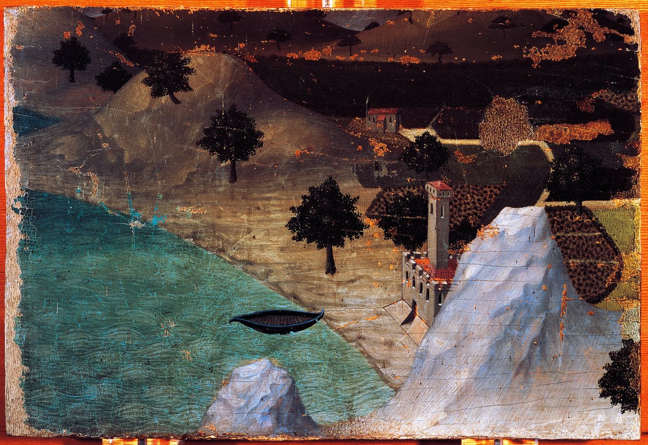 Zamek nad jeziorem, reż. Ambrogio Lorenzetti (1319-1347), obraz na desce, 22x33 cm. autorstwa Ambrogio Lorenzetti