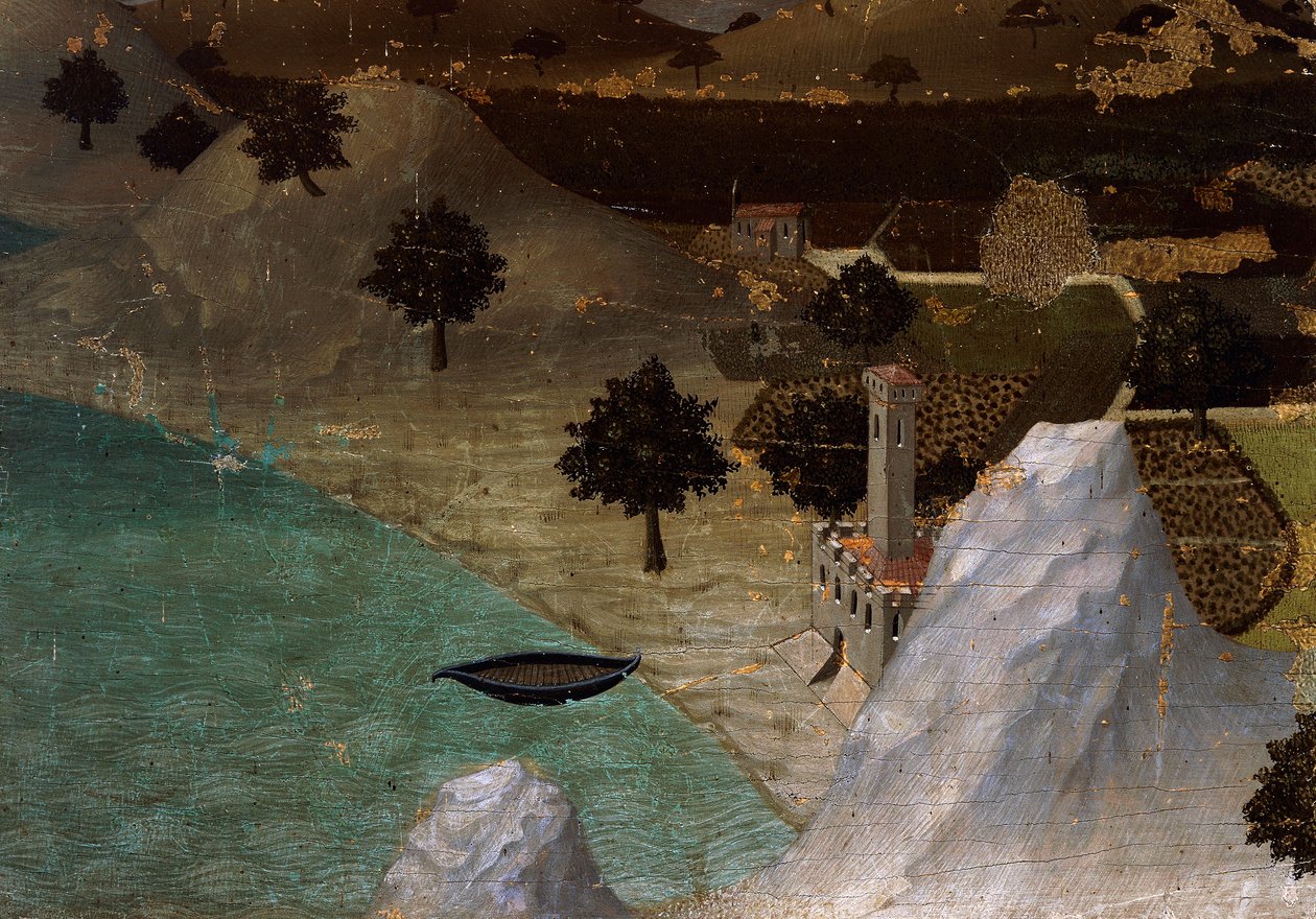 Zamek nad brzegiem jeziora, autorstwa Ambrogio Lorenzetti (1290-ca 1348), Tempera na drewnie, 22,5x33 cm autorstwa Ambrogio Lorenzetti