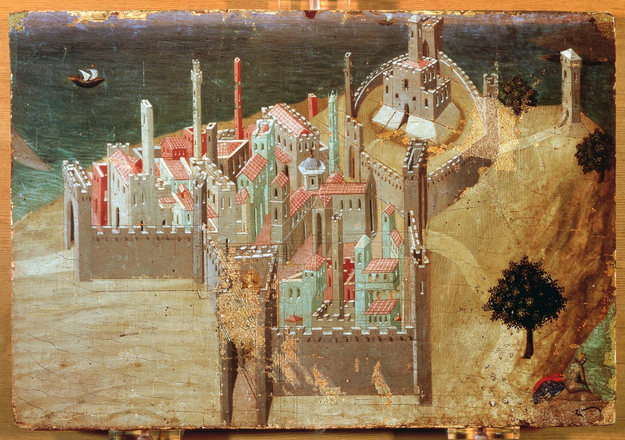 Miasto nad morzem, Ambrogio Lorenzetti (1285-1348), obraz na desce, 22x33 cm. autorstwa Ambrogio Lorenzetti