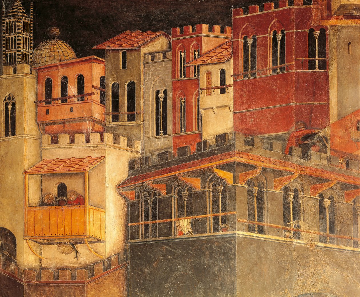 Skutki Dobrego Rządu w mieście, domy, detal z Alegorii oraz efekty dobrego i złego rządzenia w mieście i na wsi Ambrogio Lorenzetti (czynny 1285-1348), fresk, detal Sala Pokoju, Palazzo Publico, Siena autorstwa Ambrogio Lorenzetti