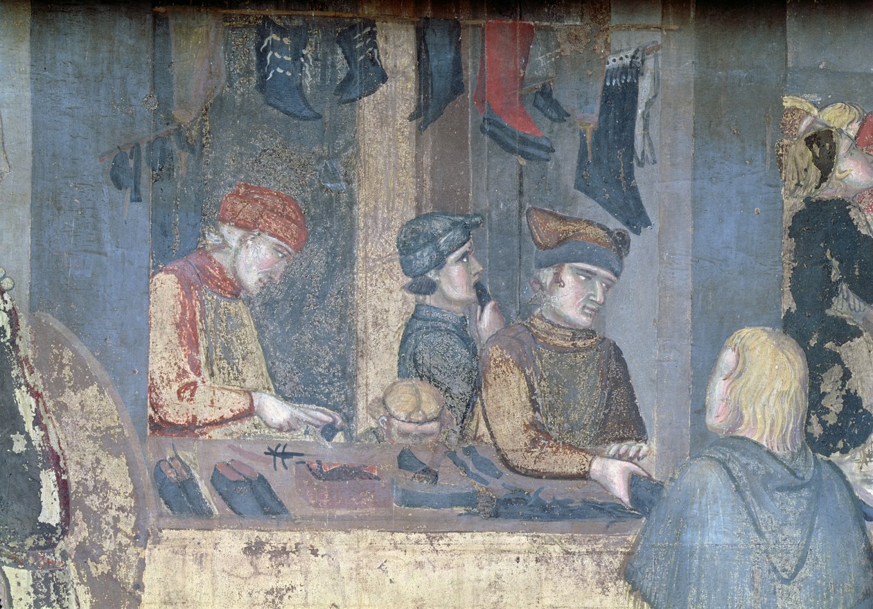 Skutki Dobrego Rządu w Mieście, detal kupca i rzemieślników w sklepie szewskim autorstwa Ambrogio Lorenzetti
