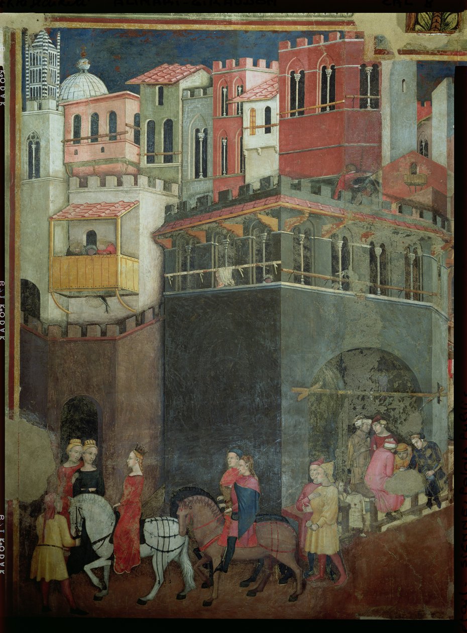 Efekty dobrego rządu w mieście, szczegóły dotyczące architektury i mieszkańców, 1338-40 autorstwa Ambrogio Lorenzetti