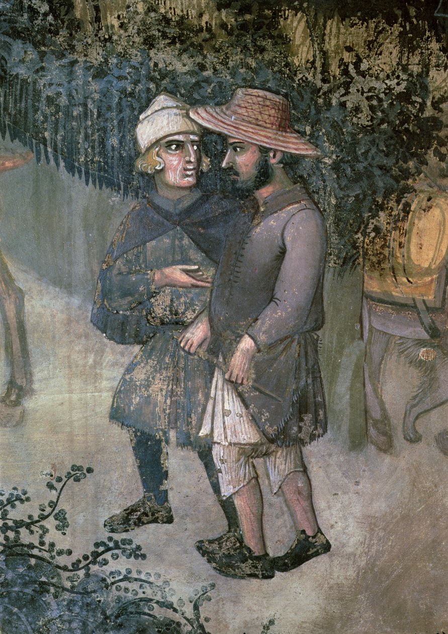 Skutki dobrego rządu na wsi, fragment dwóch mężczyzn spacerujących i rozmawiających autorstwa Ambrogio Lorenzetti