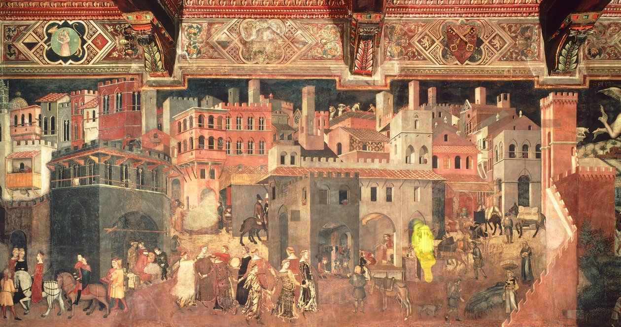 Skutki dobrego rządzenia w mieście, szczegół z Alegorii oraz skutki dobrego i złego rządzenia w mieście i na wsi autorstwa Ambrogio Lorenzetti