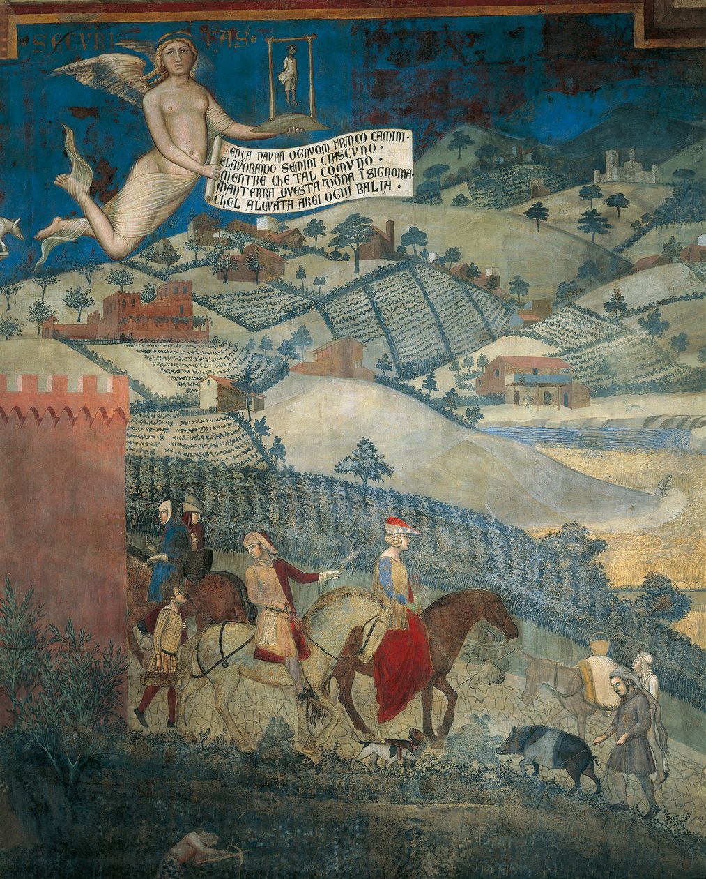 Skutki dobrego rządu w kraju, szczegół z Alegorii oraz skutki dobrego i złego rządu w mieście i na wsi autorstwa Ambrogio Lorenzetti
