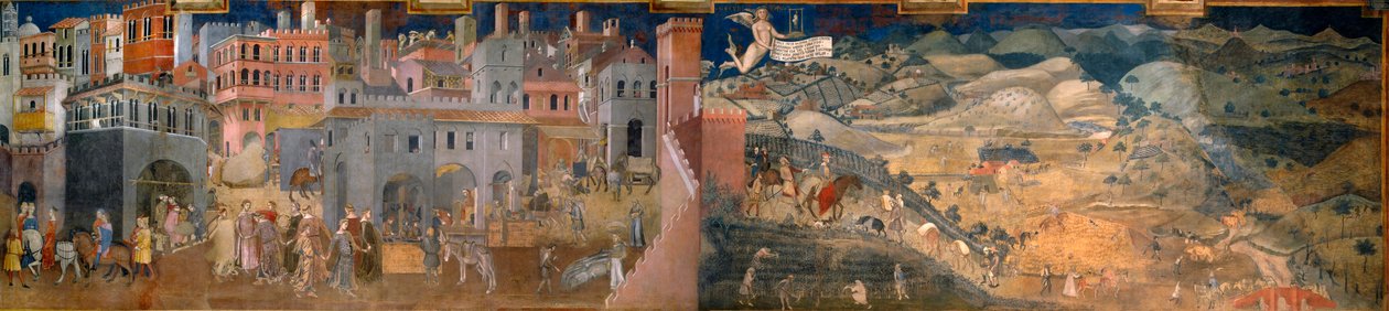 Skutki dobrych i złych rządów w mieście i na wsi. Szczegóły efektów dobrego rządu w mieście i na wsi. autorstwa Ambrogio Lorenzetti