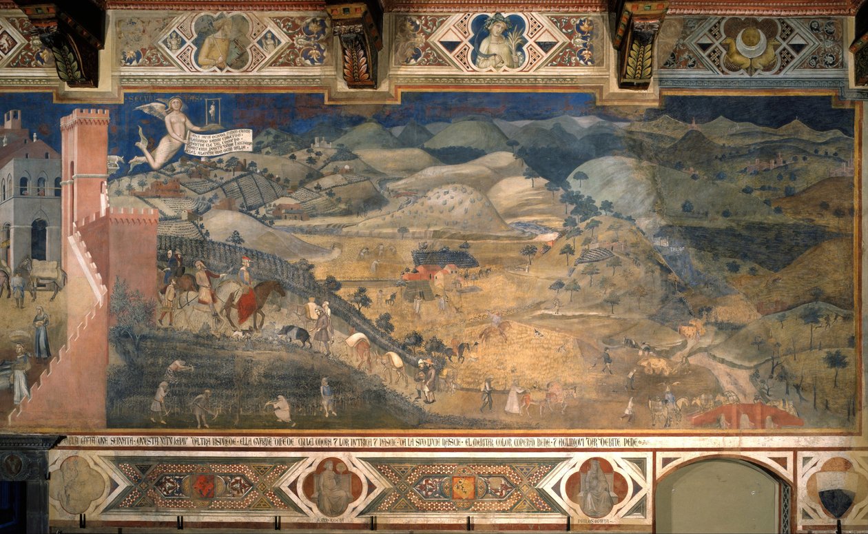 „Skutki dobrego i złego rządu w mieście i na wsi”. Szczegółowy opis skutków dobrych rządów na wsi. Obraz Ambrogio Lorenzetti (1290-1348) 1338 - 1340. Fresk. Sala Dziewiątek lub Sala Pokoju, Palazzo Publico de Si autorstwa Ambrogio Lorenzetti
