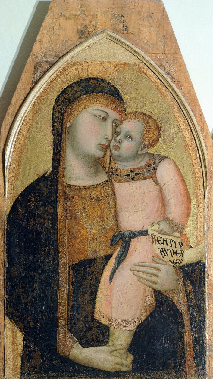 Madonna z Dzieciątkiem, fragment Tryptyku przedstawiający Madonnę z Dzieciątkiem z Marią Magdaleną i św. Dorotheą – Ambrogio Lorenzetti (1290-ca 1348), olej na desce autorstwa Ambrogio Lorenzetti