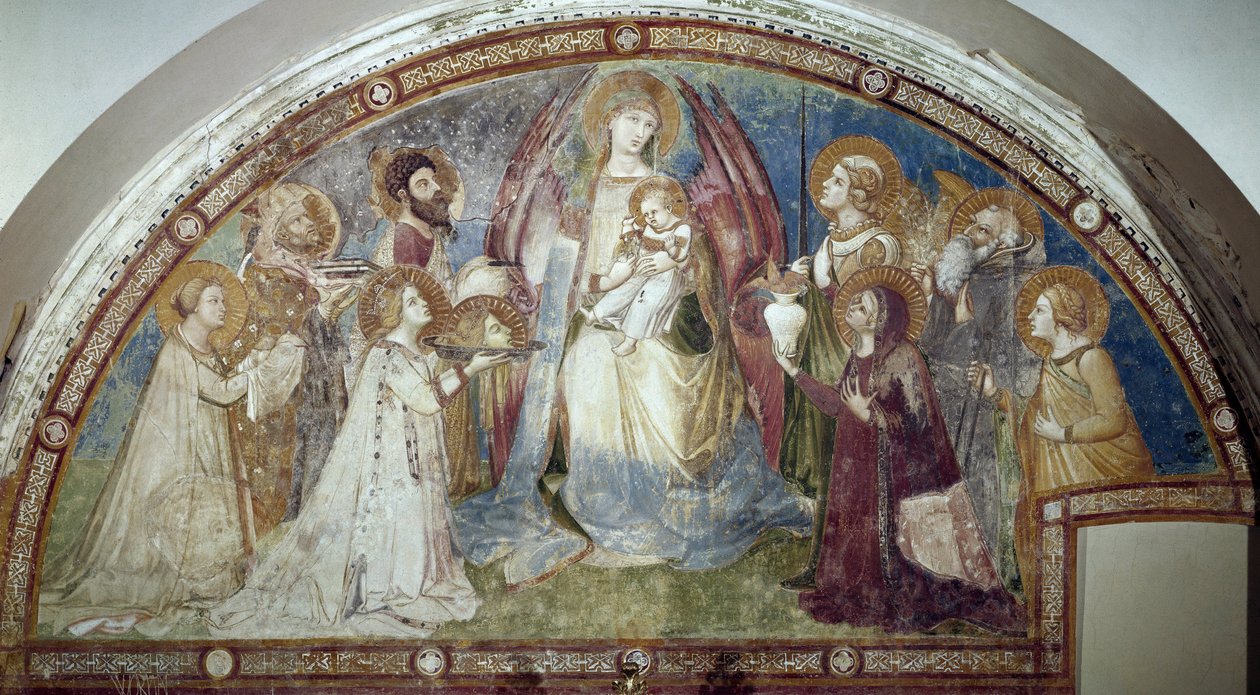 Maesta - Dziewica z Dzieciątkiem w otoczeniu świętych i Michała Archanioła (Fresco autorstwa Ambrogio Lorenzetti