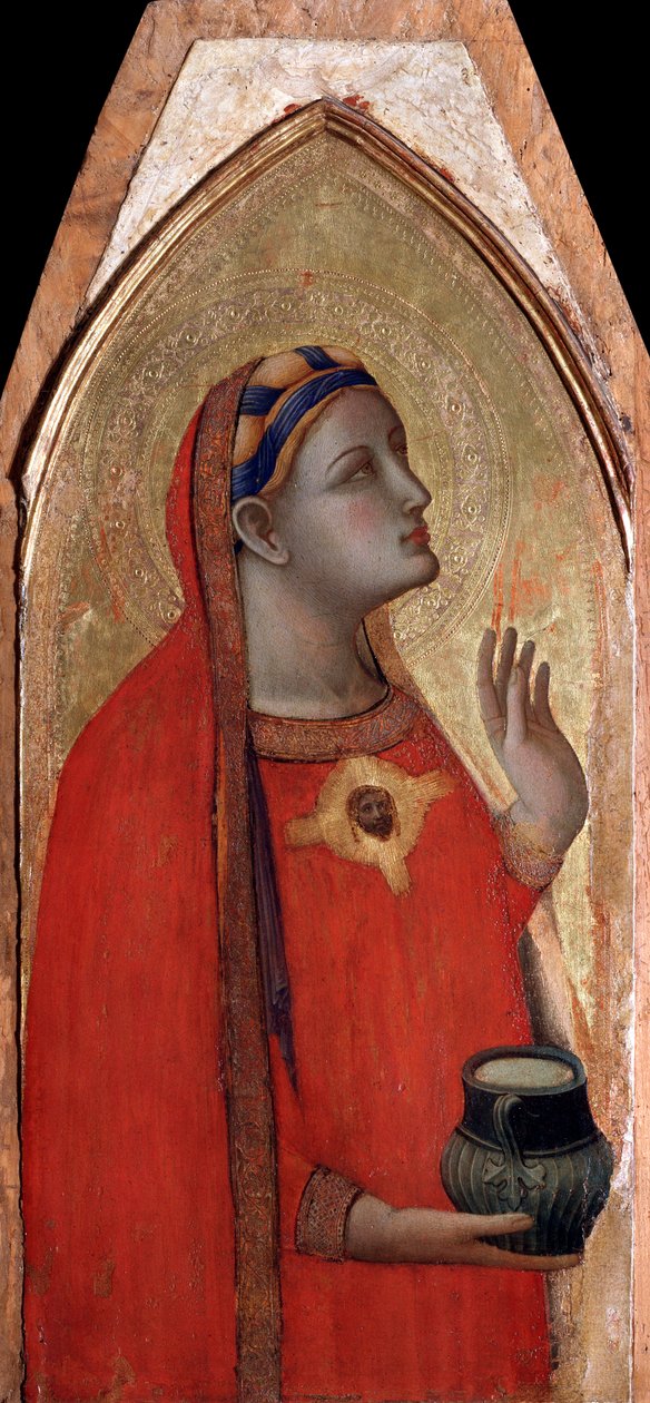 Maria Magdalena (lewy panel poliptyku Dziewica z Dzieciątkiem) - tempera i złoto na panelu autorstwa Ambrogio Lorenzetti
