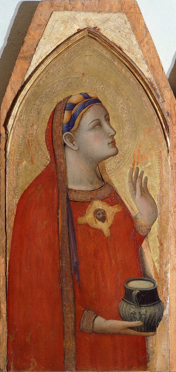 Maria Magdalena, fragment Tryptyku przedstawiający Madonnę z Dzieciątkiem z Marią Magdaleną i św. Dorotheą – Ambrogio Lorenzetti (1290-ca 1348), olej na desce autorstwa Ambrogio Lorenzetti