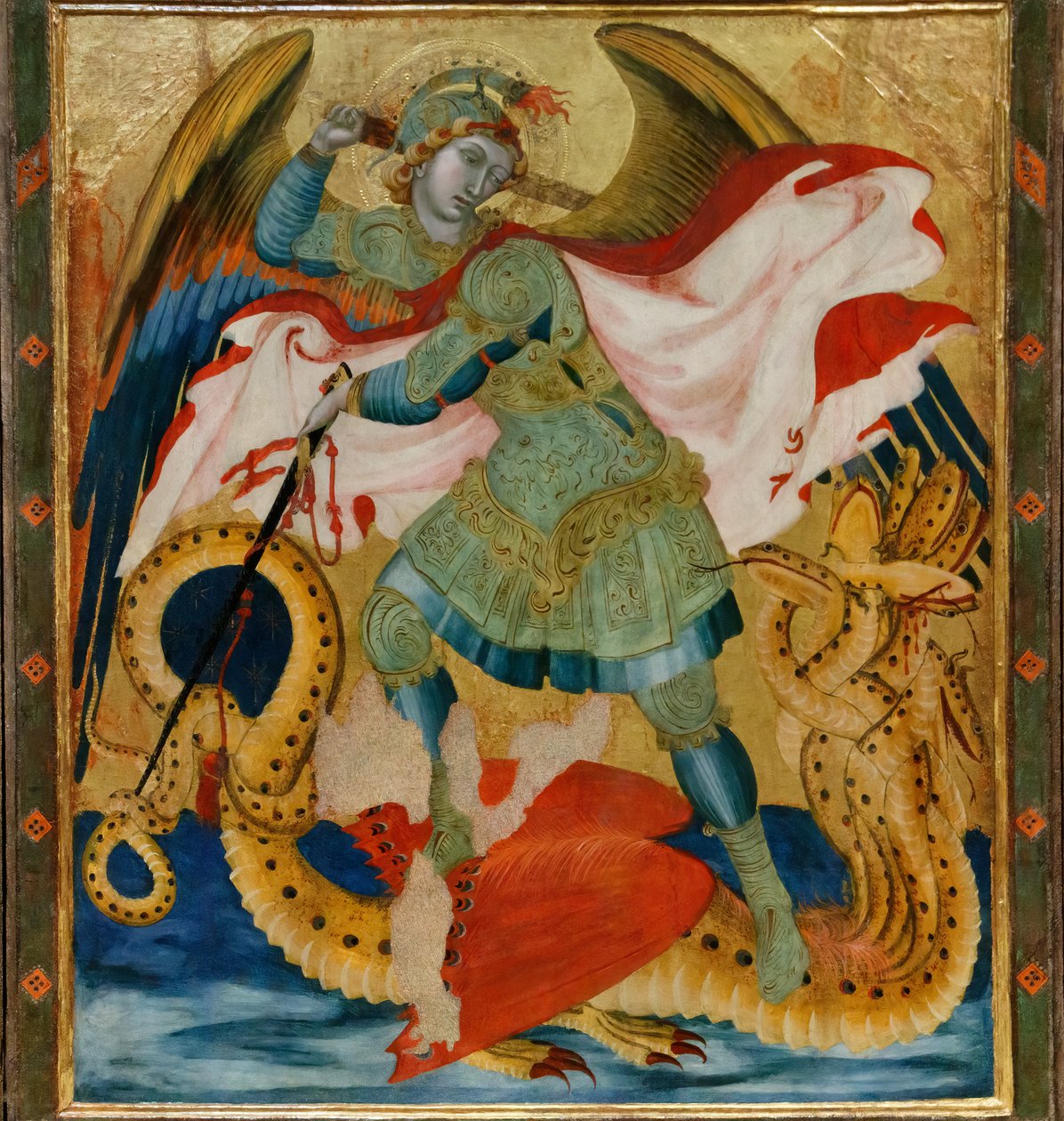 Święty Michał Archanioł zabijający smoka między świętymi Benedyktem i Bartłomiejem (tempera na panelu) autorstwa Ambrogio Lorenzetti