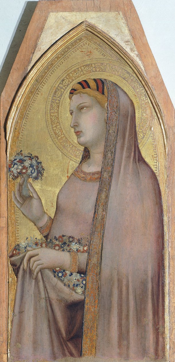 Św Dorothea, fragment Tryptyku przedstawiający Madonnę z Dzieciątkiem z Marią Magdaleną i Św. Dorotheą Ambrogio Lorenzetti (1290-ca 1348), olej na desce autorstwa Ambrogio Lorenzetti