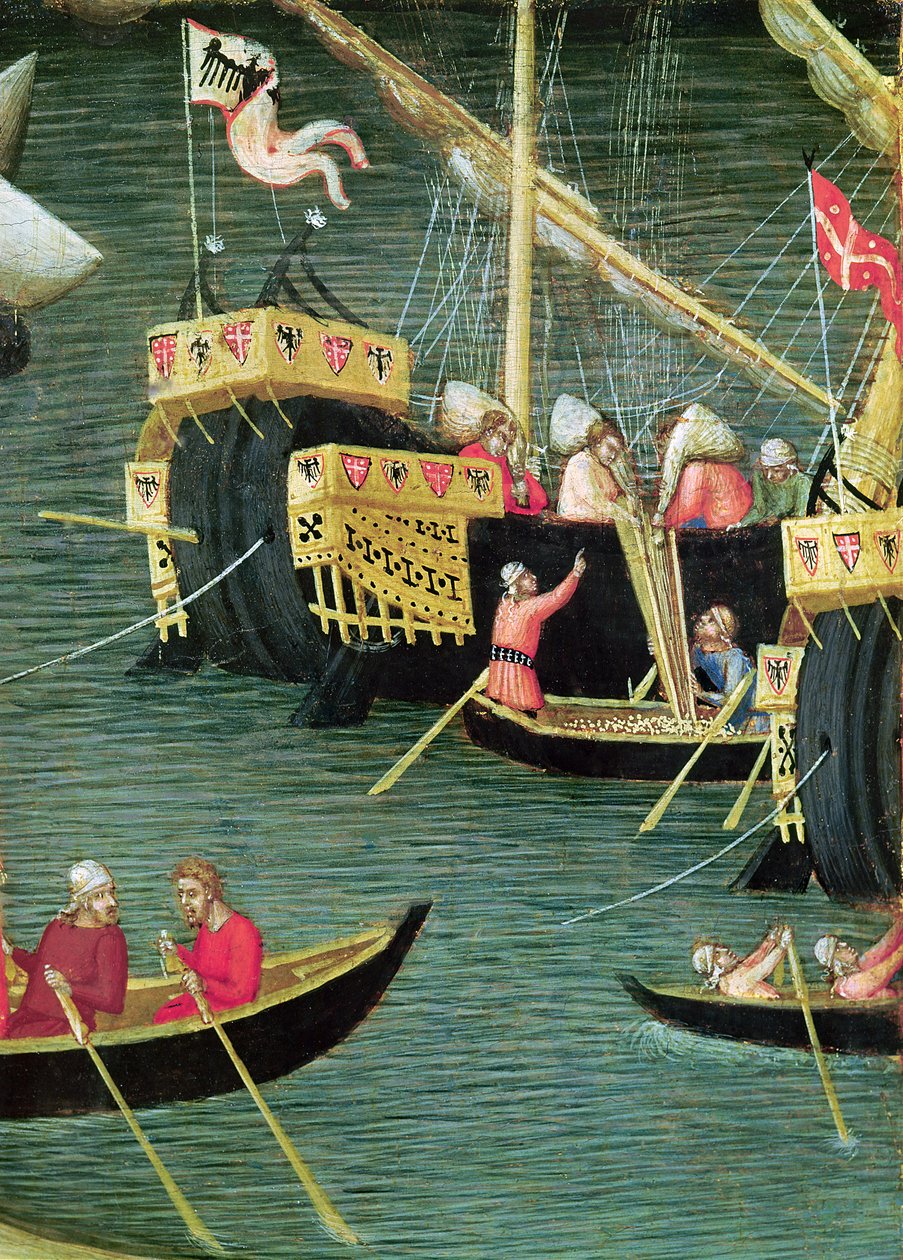 Św. Mikołaj ratuje Mirę przed głodem, fragment statku, ok. 1327-32 (tempera na panelu) autorstwa Ambrogio Lorenzetti