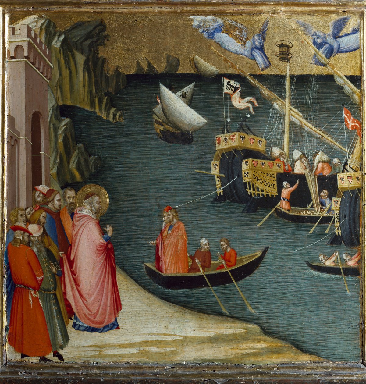 Św. Mikołaj, biskup Myry, ratuje przed sztormem statek przewożący ładunek pszenicy. Sceny z życia św. Mikołaja (Tempera na panelu) autorstwa Ambrogio Lorenzetti