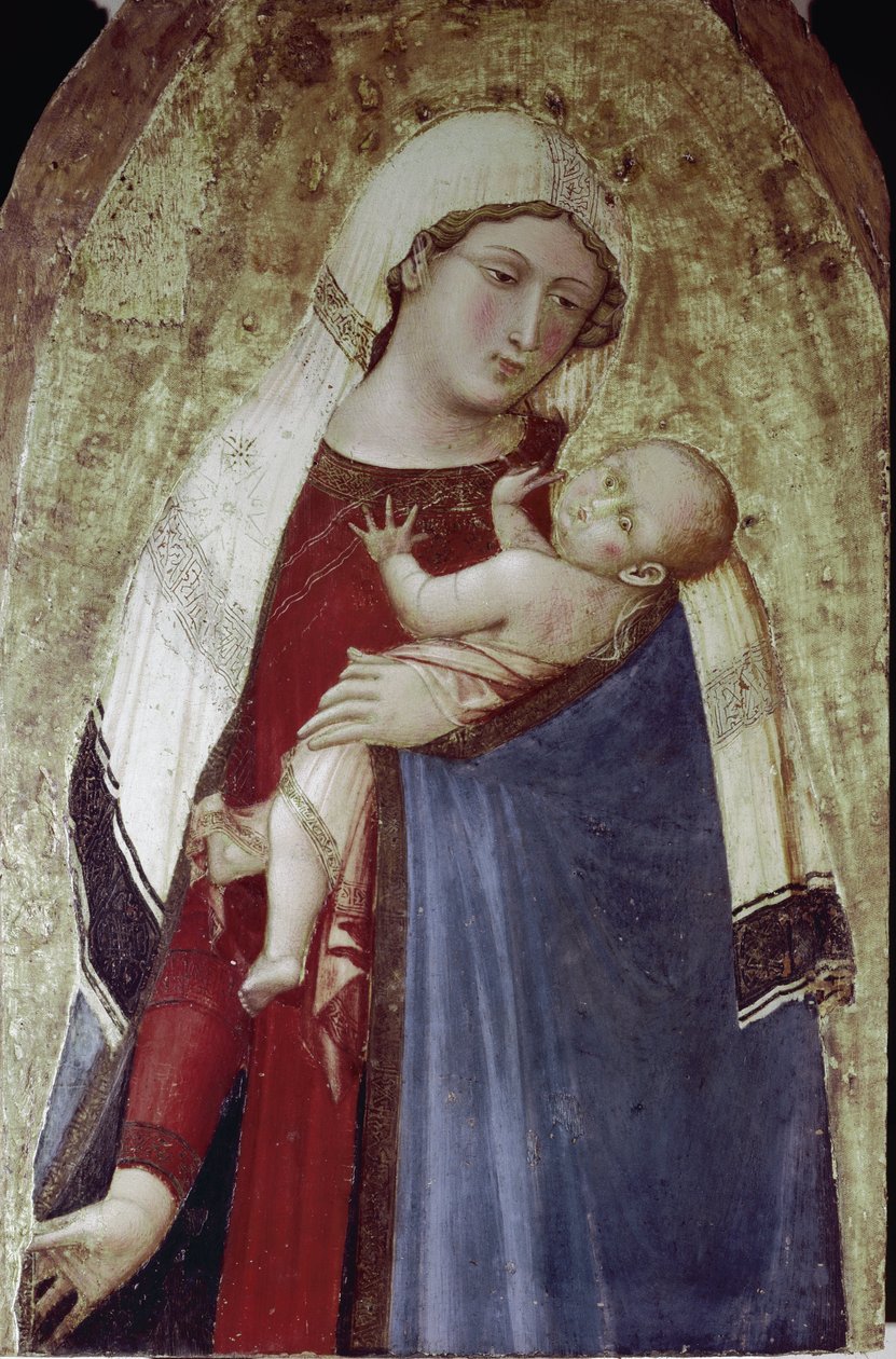 Panna z Dzieciątkiem Jezus, środkowa część poliptyku (tempera na drewnie) autorstwa Ambrogio Lorenzetti