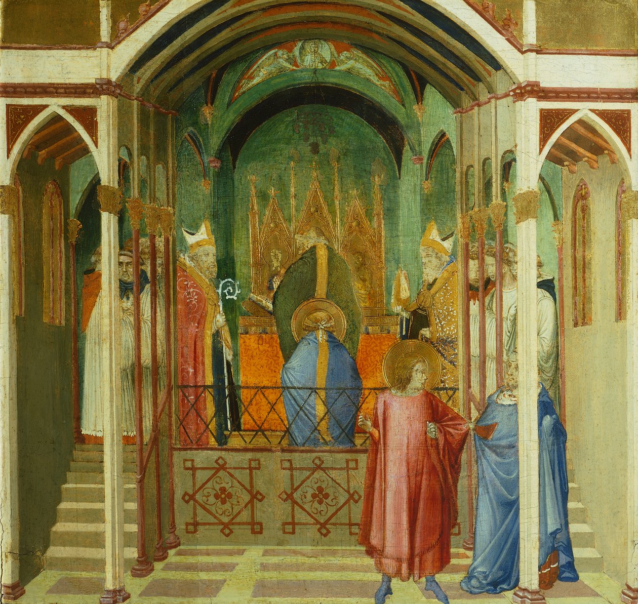 Konsekracja św. Mikołaja na biskupa Miry, fragment z cudów św. Mikołaja z Bari, Ambrogio Lorenzetti (1290-ca 1348), tempera na desce autorstwa Ambrogio Lorenzetti