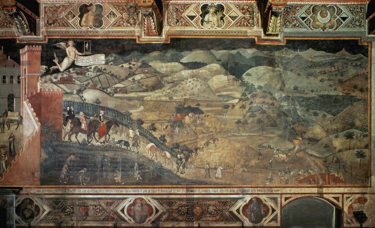 Wieś (fragment Efekty dobrego rządzenia w miastach i na wsi) - Fresk Ambrogio Lorenzetti (1285-1348?), 390x810 cm autorstwa Ambrogio Lorenzetti