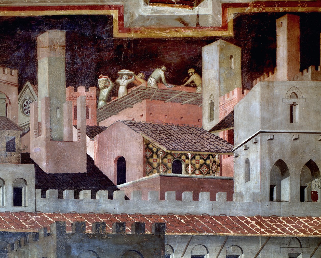 Skutki dobrego i złego rządu dla miasta i kraju. Szczegóły skutków dobrych rządów w mieście - 1338-1340, Fresco autorstwa Ambrogio Lorenzetti