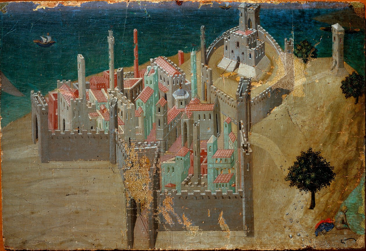 Widok na ufortyfikowane miasto w pobliżu morza Szczegóły. Detrempe na drewnie Ambrogio Lorenzetti autorstwa Ambrogio Lorenzetti