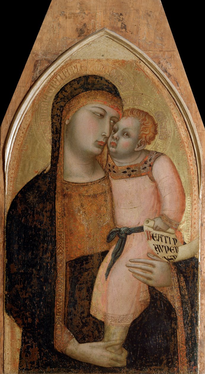 Dziewica z dzieckiem (panel środkowy poliptyku) - na desce tempera i złoto autorstwa Ambrogio Lorenzetti