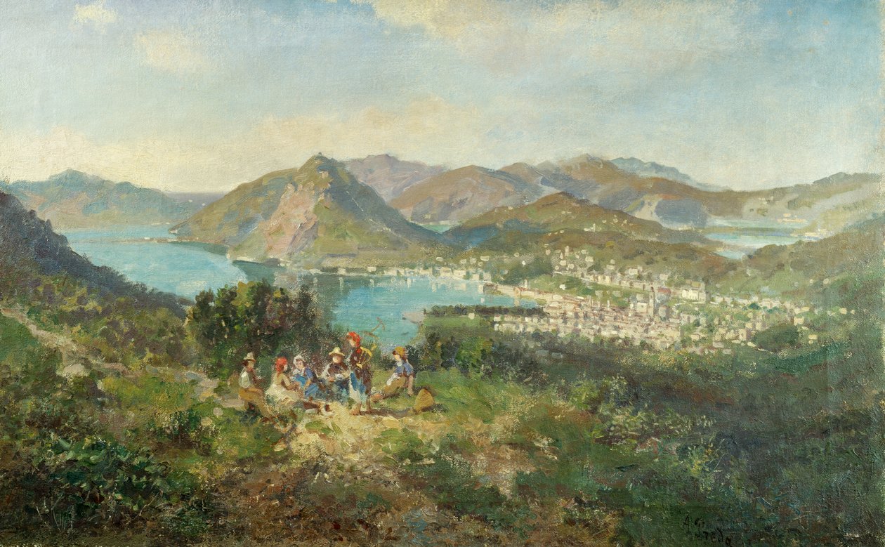 Lugano widziane z Curreglia, Ambrogio Preda (1839-1906), olej na płótnie, 48x76 cm autorstwa Ambrogio Preda