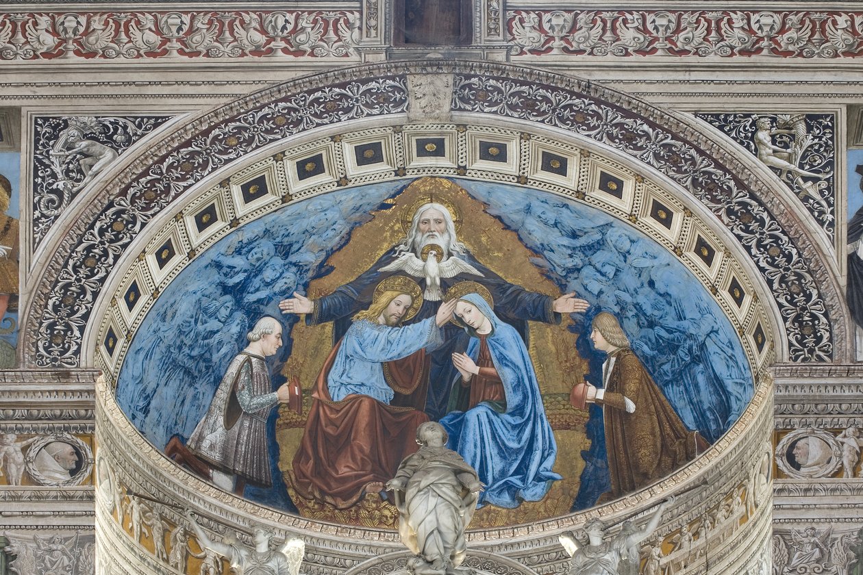 Koronacja Najświętszej Marii Panny z Bogiem i Duchem Świętym między Francesco a Ludovico Sforza autorstwa Ambrogio da Fossano (c.1460 1523)