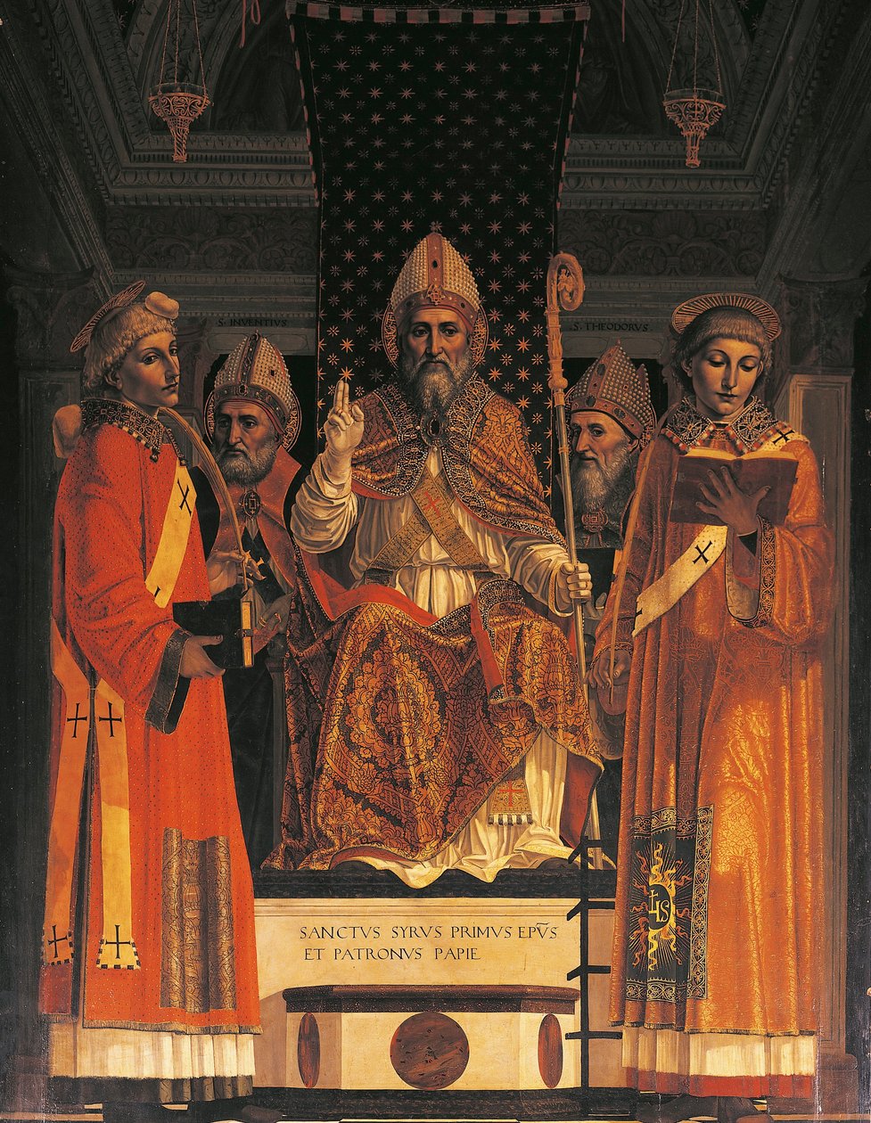 Włochy, Lombardia, Pavia Charterhouse (Certosa), piąta kaplica po prawej stronie, ołtarz ze św. Syrusem na tronie znanym Ambrogio da Fossano („il Bergognone”) autorstwa Ambrogio da Fossano (c.1460 1523)